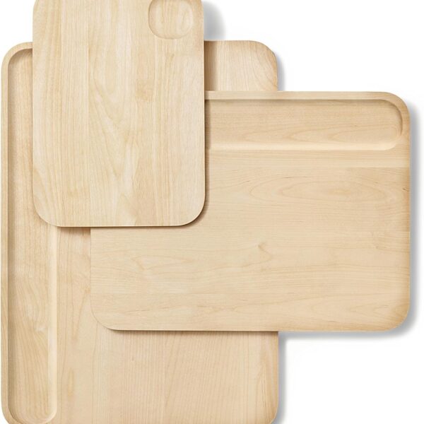 Caraway 4-Piece Double Sided Wood Cutting Board Set - Made From FSC-Certified Birch Wood - Mineral Oil & Wax Finish - 3 Sizes - Small, Medium, & Large - Storage Organizers Included
