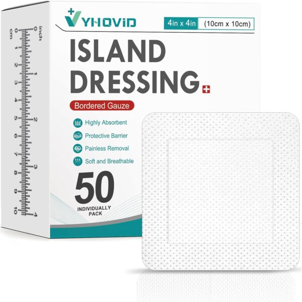 50 Count Island Dressing Bordered Gauze 4" x 4", Gauze Pads Individually Wrapped, Non-Stick Pad in Center with Adhesive Border, Bandages for Wounds, First Aid