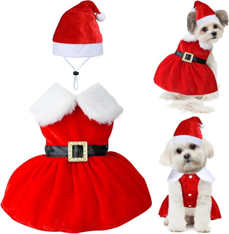 GOYOSWA Dog Christmas Outfit Dog Christmas Dress Santa Hat Dresses Costume Holiday Outfit Clothes for Small Medium Dogs Pets (Christmas Dress & Hat, X-Large)