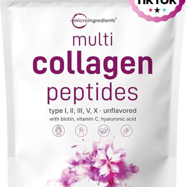 Micro Ingredients Multi Collagen Peptides Powder, 2lb  Hydrolyzed Type I,II,III,V,X with Biotin, Hyaluronic Acid, Vitamin C  Unflavored Collagen for Women & Men, Easy Dissolve, 82 Servings