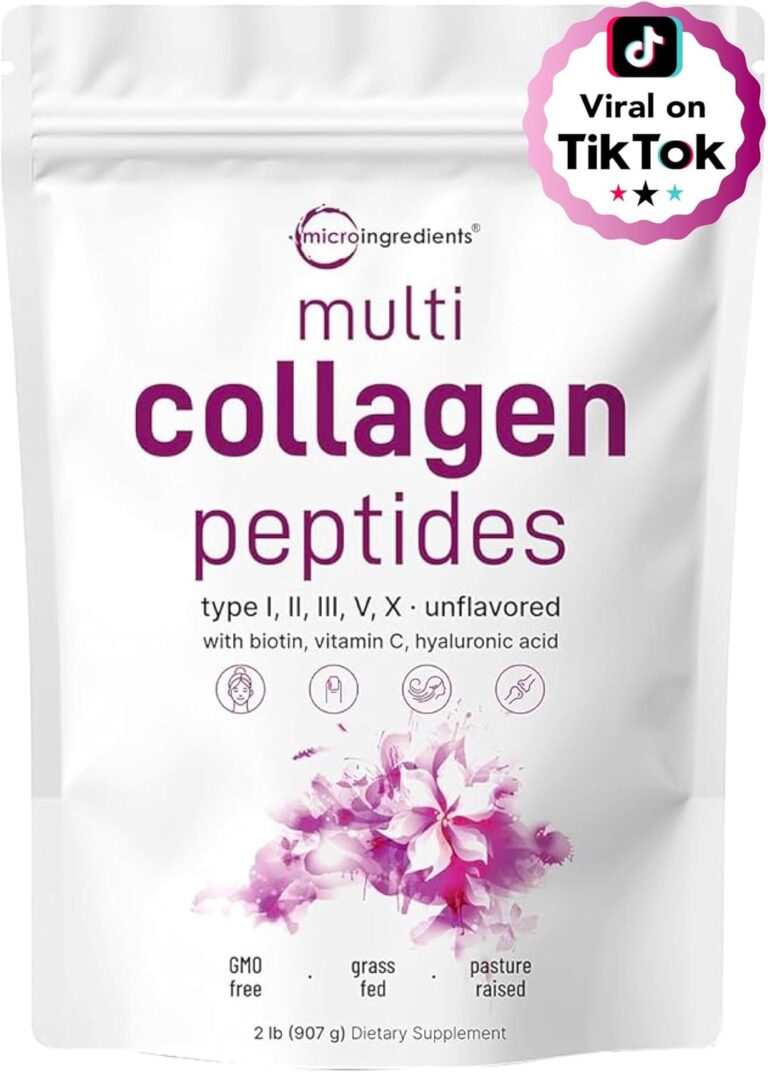 Micro Ingredients Multi Collagen Peptides Powder, 2lb  Hydrolyzed Type I,II,III,V,X with Biotin, Hyaluronic Acid, Vitamin C  Unflavored Collagen for Women & Men, Easy Dissolve, 82 Servings
