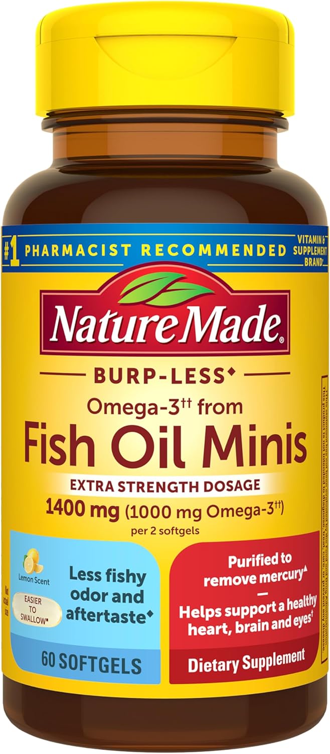 Nature Made Extra Strength Burp Less Fish Oil Omega 3 Supplements 1400 mg Minis, Omega 3 Fish Oil as Ethyl Esters for Healthy Heart Brain Eyes Support, 60 Softgels, 30 Day Supply Nature Made Extra Strength Burp Less Fish Oil Omega 3 Supplements 1400 mg Minis, Omega 3 Fish Oil as Ethyl Esters for Healthy Heart Brain Eyes Support, 60 Softgels, 30 Day Supply