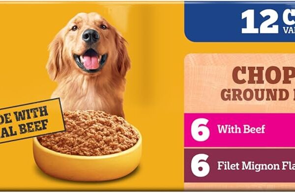 Pedigree Chopped Ground Dinner Wet Dog Food Filet Mignon & Beef Variety Pack, Canned Dog Food, 13.2 oz. Cans, 12 Count