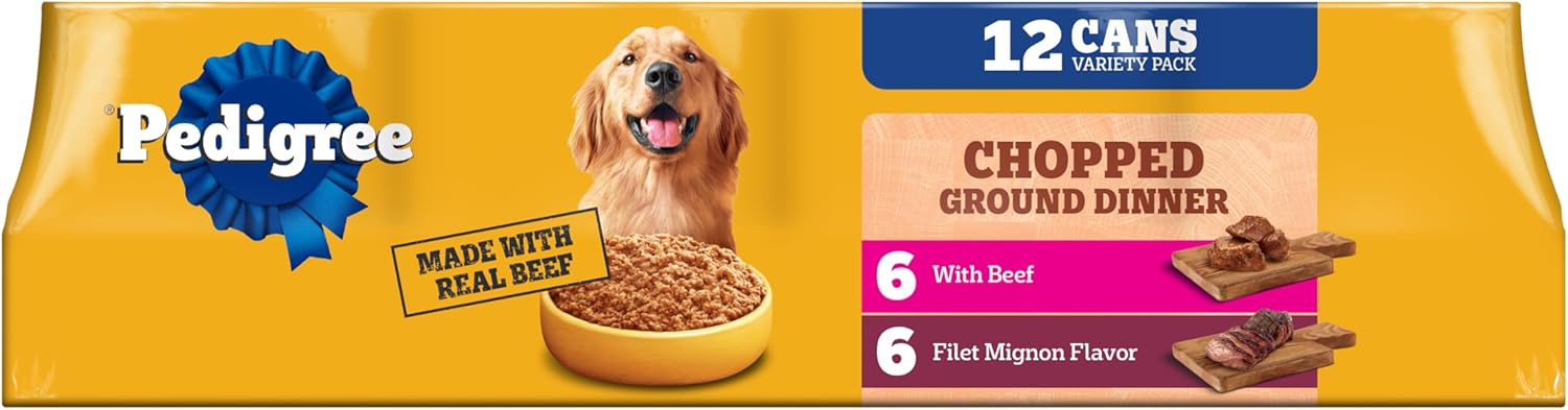 Pedigree Chopped Ground Dinner Wet Dog Food Filet Mignon & Beef Variety Pack, Canned Dog Food, 13.2 oz. Cans, 12 Count Pedigree Chopped Ground Dinner Wet Dog Food Filet Mignon & Beef Variety Pack, Canned Dog Food, 13.2 oz. Cans, 12 Count
