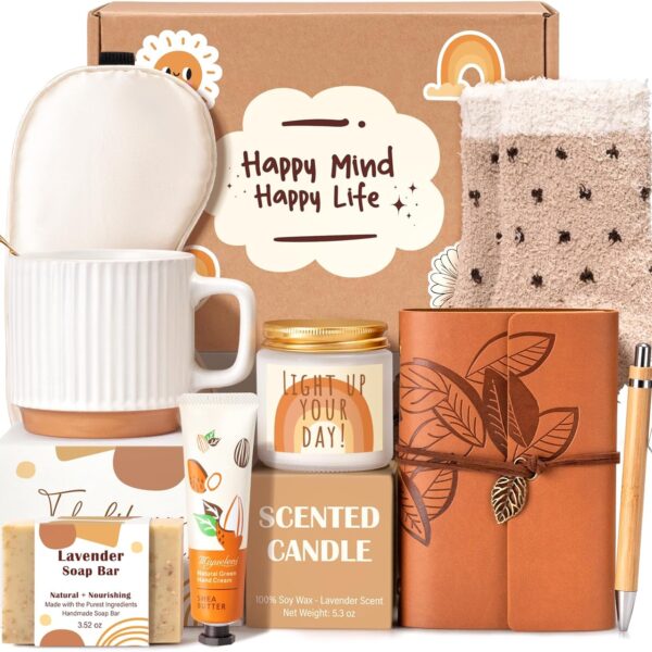 Gift Baskets for Women, 9pcs Unique Happy Birthday Gifts for Women, Thank You Basket Christmas Ideas Box w/Coffee Mug Her Mom Friend Teacher Coworker, Best Employee Appreciation Gifts