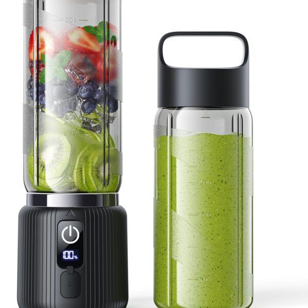 COKUNST Portable Blender, Small Smoothie & Shake Maker with 8 Blades, Compact Personal Blender with LED Display, USB C Rechargeable Juice Mixer with Extra Lid for Travel, Gym, Home, 17oz, Black
