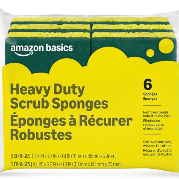 Amazon Basics Heavy Duty Dual-Sided Scrub Sponges, Reusable, 4.4 x 2.7 x 0.8 in, Yellow/Green, 6-Pack