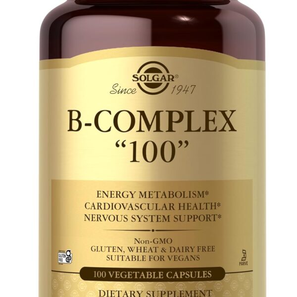 Solgar B-Complex "100", 100 Vegetable Capsules - Nervous System Support - Supports Energy Metabolism - Non-GMO, Vegan, Gluten Free, Dairy Free, Kosher - 100 Servings