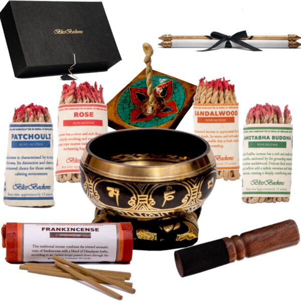 Meditation Accessories Gift Set With Guide: 4.5" Tibetan Singing Bowl Set,150 pcs Handmade Incense Variety Pack: Frankincense, Patchouli, Amitabha Buddha, Rose, Sandalwood, With Incense Holder