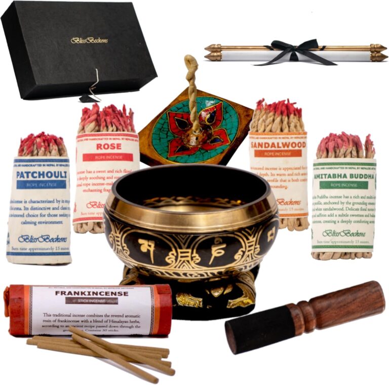 Meditation Accessories Gift Set With Guide: 4.5" Tibetan Singing Bowl Set,150 pcs Handmade Incense Variety Pack: Frankincense, Patchouli, Amitabha Buddha, Rose, Sandalwood, With Incense Holder