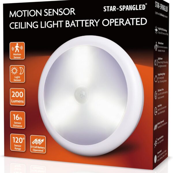 STAR-SPANGLED 6.3 Motion Sensor Ceiling Light Indoor AA or D-Cell Battery Operated for Hallway, Stairs, Basement, Garage, Laundry Area, Closet, Natural White, AA to D Battery Adapters Included
