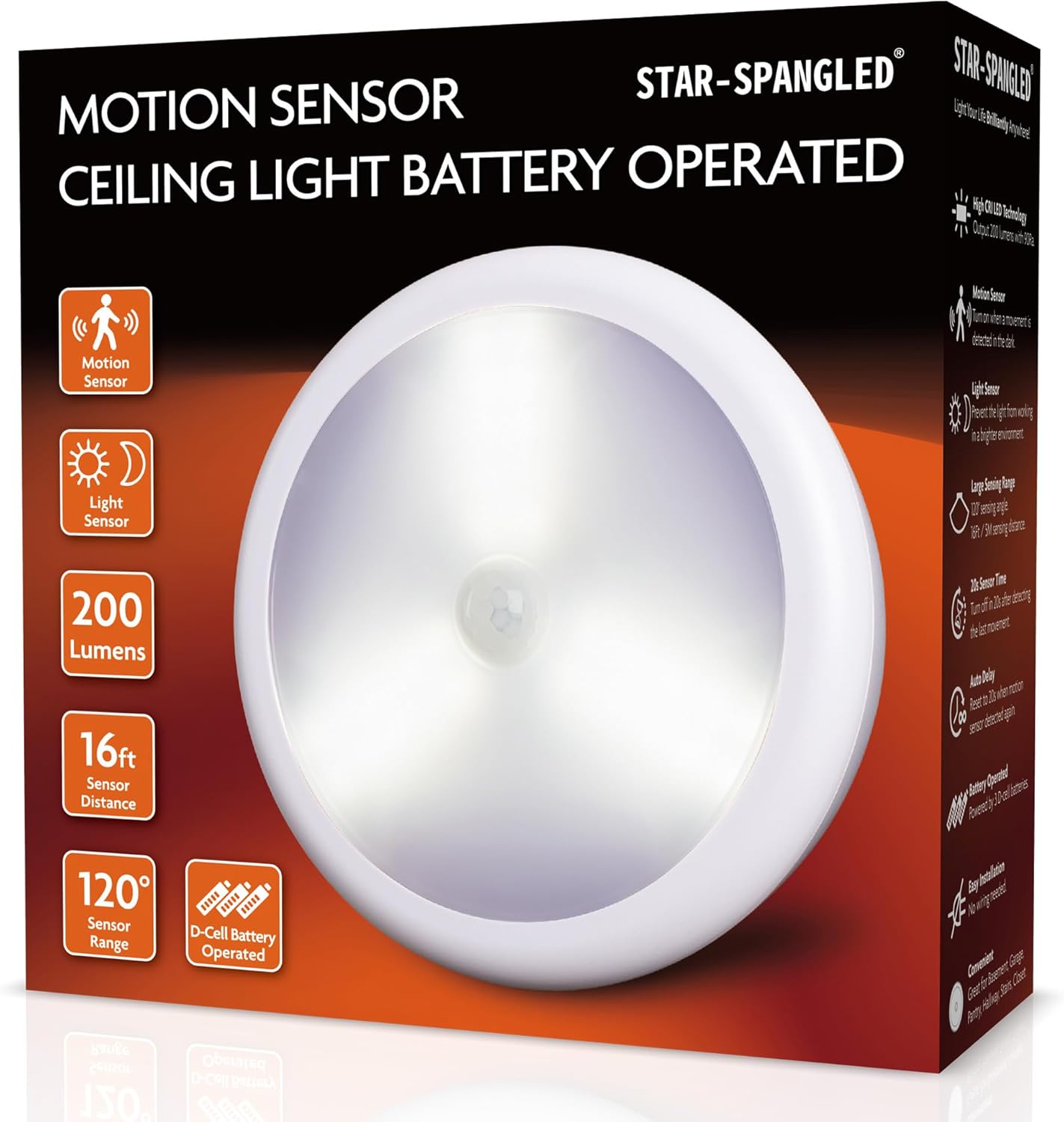 STAR-SPANGLED 6.3 Motion Sensor Ceiling Light Indoor AA or D-Cell Battery Operated for Hallway, Stairs, Basement, Garage, Laundry Area, Closet, Natural White, AA to D Battery Adapters Included STAR-SPANGLED 6.3 Motion Sensor Ceiling Light Indoor AA or D-Cell Battery Operated for Hallway, Stairs, Basement, Garage, Laundry Area, Closet, Natural White, AA to D Battery Adapters Included