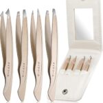 Tweezers Set for Women Facial Hair: Stocking Stuffers 4Pcs Stainless Steel Eyebrow Tweezer Set with Travel Mirror Case, Suitable for Everyday Use in Car, Purse