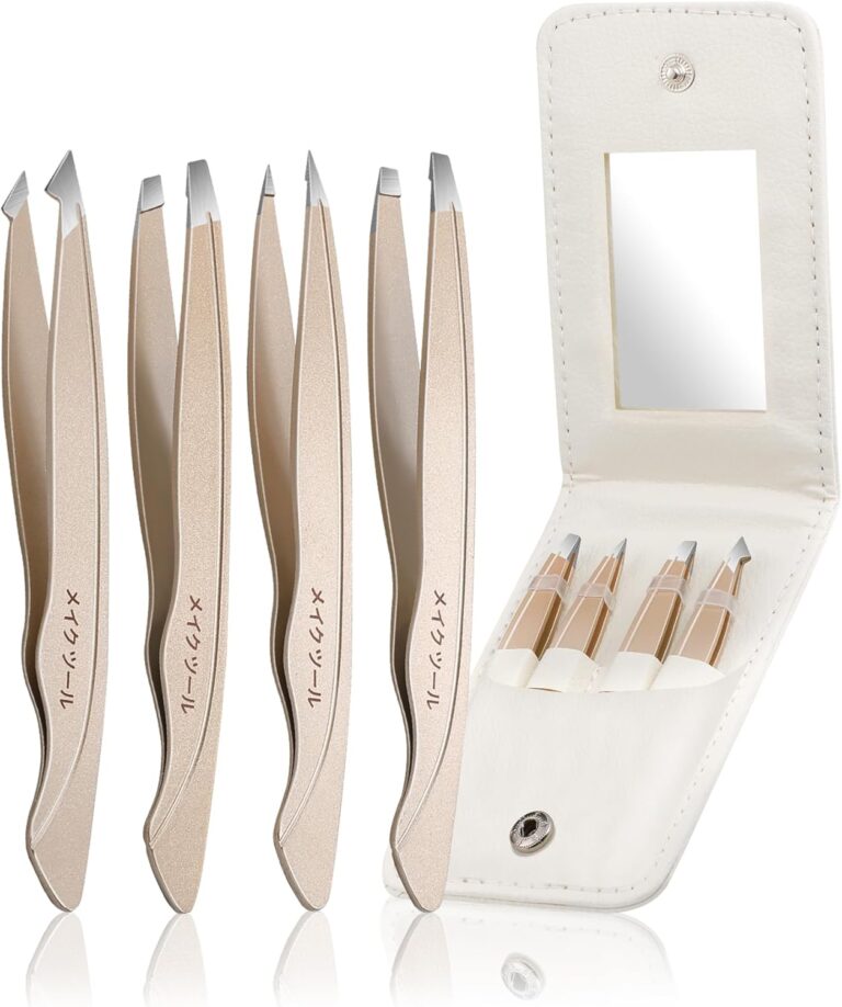 Tweezers Set for Women Facial Hair: Stocking Stuffers 4Pcs Stainless Steel Eyebrow Tweezer Set with Travel Mirror Case, Suitable for Everyday Use in Car, Purse