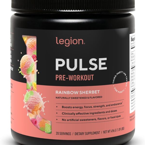 LEGION Pulse Pre Workout - All Natural Nitric Oxide Preworkout Drink to Boost Energy, Creatine Free, Naturally Sweetened, Beta Alanine, Citrulline, Alpha GPC (Rainbow Sherbet)