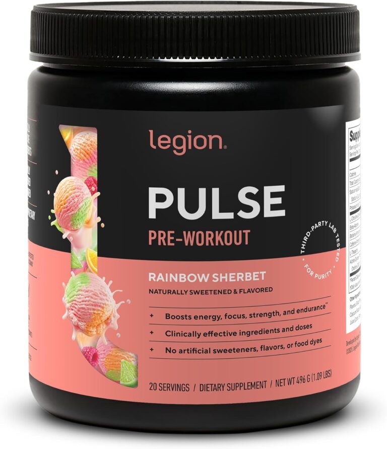 LEGION Pulse Pre Workout - All Natural Nitric Oxide Preworkout Drink to Boost Energy, Creatine Free, Naturally Sweetened, Beta Alanine, Citrulline, Alpha GPC (Rainbow Sherbet)