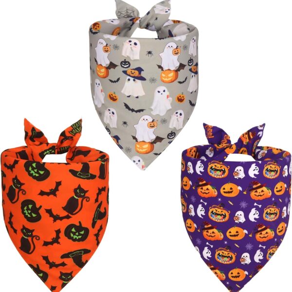 Halloween Dog Bandanas Large 3PCS, 6 Pattern Fall Scarf for Boy and Girl, Triangle Reversible Bibs Breed for Puppy Pets