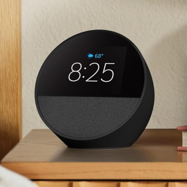 Like-New Amazon Echo Spot (newest model), Great for nightstands, offices and kitchens, Smart alarm clock, Designed for Alexa+, Black