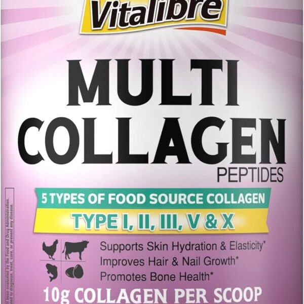 Vitalibre Multi Collagen Peptides Powder Type I II III V X, Hydrolyzed Collagen Protein for Women and Men, Skin, Hair, Nails, Unflavored, Non-GMO, Keto & GF, Zero Sugar, 22 Servings, 8oz