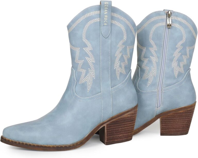 gioanroca Western Cowgirl Ankle Boot for Women with Embroidered Comfy Fashion Vintage Boot Wide Calf Horse Riding Pointed Toe Cowgirl Short Booties