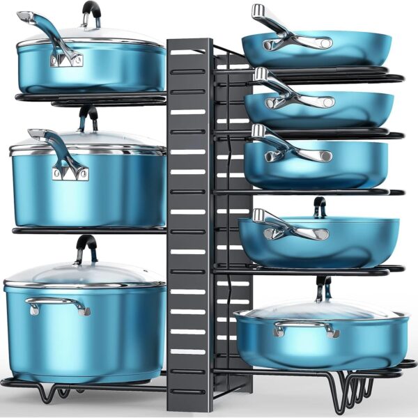 ORDORA Pots and Pans Organizer for Cabinet 16.61 Height, 8 Tier Pot Organizers Rack with 3 DIY Methods, Adjustable Pan Organizer under Cabinet Kitchen Organization and Storage