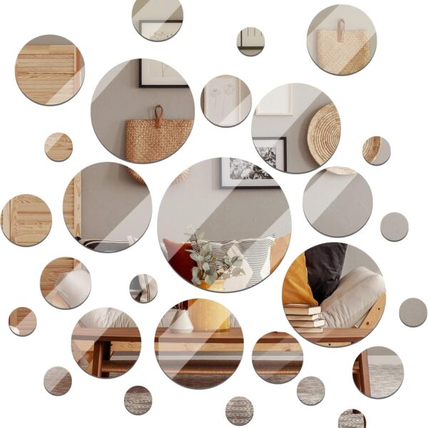 Jetec Real Glass Round Mirror Tiles Frameless Round Wall Mirrors Glass Mirror Tiles Wall-Mount Mirrors with Acrylic Double Sided Adhesive for Bedroom Bathroom Craft (28 Pcs, 1/2/3/4/5/6 Inch)