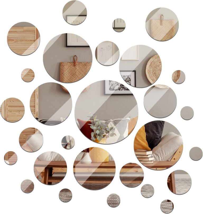 Jetec Real Glass Round Mirror Tiles Frameless Round Wall Mirrors Glass Mirror Tiles Wall-Mount Mirrors with Acrylic Double Sided Adhesive for Bedroom Bathroom Craft (28 Pcs, 1/2/3/4/5/6 Inch)