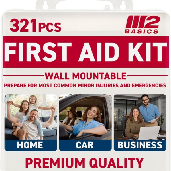 M2 BASICS 321 Piece First Aid Kit, Hard Case Emergency Medical Kit with Supplies for Home, Car, School, Office, Workplace