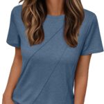 AUTOMET Women's Short Sleeve Tops  Soft & Comfortable Crewneck T-Shirts with Unique Diagonal Stitching, Summer Casual Wear
