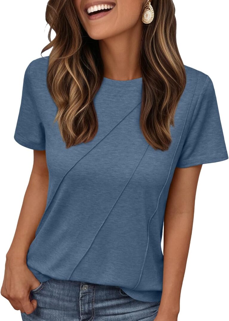 AUTOMET Women's Short Sleeve Tops  Soft & Comfortable Crewneck T-Shirts with Unique Diagonal Stitching, Summer Casual Wear