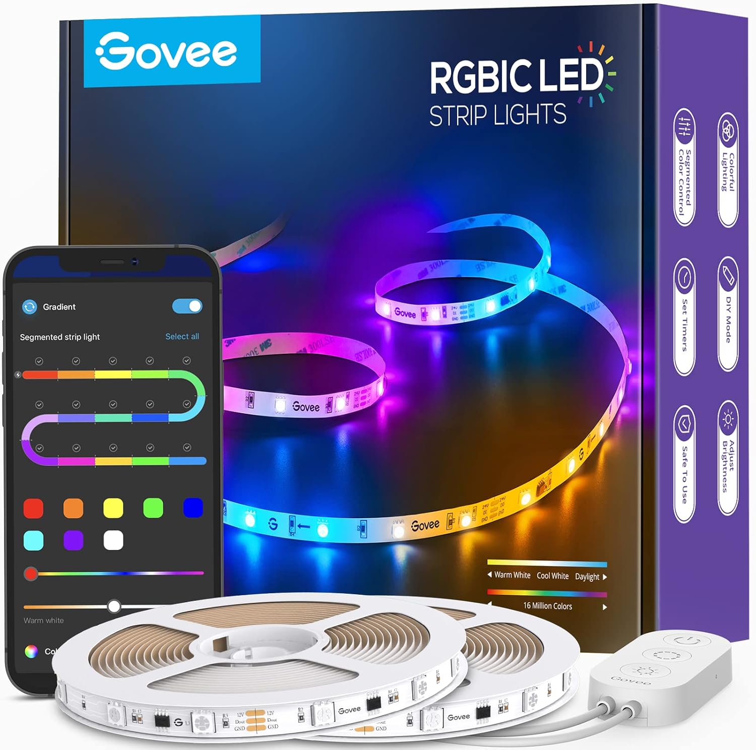 Govee 65.6ft RGBIC LED Strip Lights, Color Changing LED Strips, App Control via Bluetooth, Smart Segmented Control, Multiple Scenes, Enhanced Music Sync LED Lights for Bedroom, Home Decor (2 X 32.8ft) Govee 65.6ft RGBIC LED Strip Lights, Color Changing LED Strips, App Control via Bluetooth, Smart Segmented Control, Multiple Scenes, Enhanced Music Sync LED Lights for Bedroom, Home Decor (2 X 32.8ft)