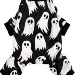 Fitwarm Halloween Ghost Dog Pajamas, Funny Halloween Costumes for Dogs, Fleece Dog Onesie with Feet, Doggy Clothes for Small Dogs Boy Girl, Pet Apparel, Black, White, Medium