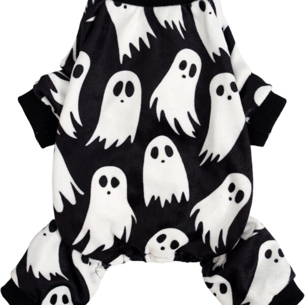 Fitwarm Halloween Ghost Dog Pajamas, Funny Halloween Costumes for Dogs, Fleece Dog Onesie with Feet, Doggy Clothes for Small Dogs Boy Girl, Pet Apparel, Black, White, Medium
