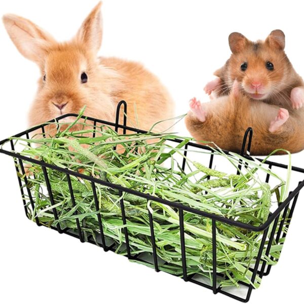Hay Feeder for Rabbit, Guinea Pig, Bunny, Chinchilla, Heavy-Duty Metal Frame Hay Feeder, Small Animal Basket with Hook Metal Grass Holder Black