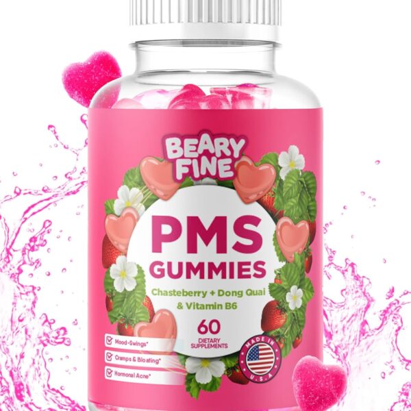 PMS Gummies - PMS Vitamins for Women & Teens - PMS Period Relief - Cramping, Bloating, Mood Swings - Made in The USA (Strawberry, 60 Count)