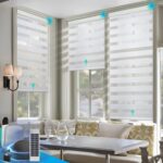 DENFOON Motorized Zebra Blinds, Solar Powered Dual Layer Automatic Shades with Remote Control, Rechargeable Smart Blinds Horizontal Wireless Electric Shades for Windows. White 34 x 72