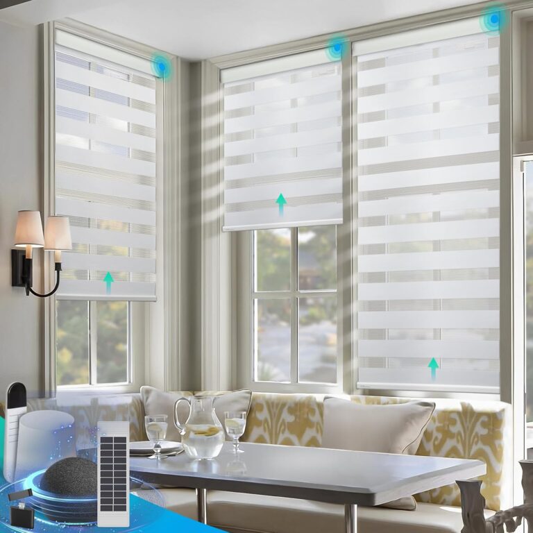 DENFOON Motorized Zebra Blinds, Solar Powered Dual Layer Automatic Shades with Remote Control, Rechargeable Smart Blinds Horizontal Wireless Electric Shades for Windows. White 34 x 72
