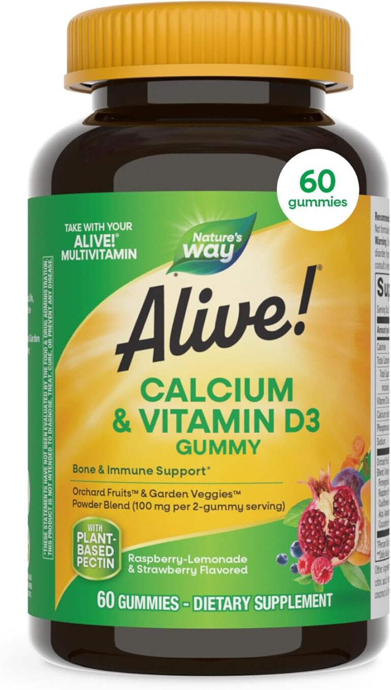 Nature's Way Alive! Chewable Calcium Gummies with Vitamin D3, Daily Supplement Supports Healthy Bones and Teeth, and Muscle Function*, Strawberry and Raspberry-Lemonade Flavored, 60 Gummies
