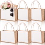 SOUJOY 6 Pack Burlap Tote Bags, Reusable Jute Gift Bags with Handles, Water Resistant Beach Bag, 14.7" x 9.8" x 4.5" Canvas Grocery Shopping Bag for Bridesmaid, DIY, Shopping, Wedding, Christmas