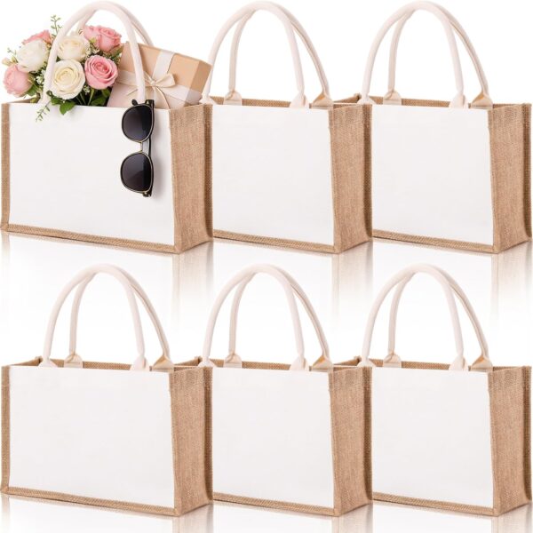 SOUJOY 6 Pack Burlap Tote Bags, Reusable Jute Gift Bags with Handles, Water Resistant Beach Bag, 14.7" x 9.8" x 4.5" Canvas Grocery Shopping Bag for Bridesmaid, DIY, Shopping, Wedding, Christmas