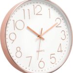 Foxtop Modern Wall Clock 12 Inch Non-Ticking Silent Battery Operated Round Quartz Rose Gold Wall Clock for Office Bedroom Living Room Kitchen Home School Decor
