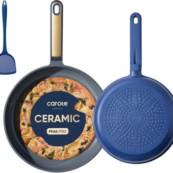 CAROTE 9.5'' and 11'' Nonstick Ceramic Frying Pan Skillet, Non Stick Skillet with Heat Resistant Handle, Healthy & PFOA/PFAS Free, Induction-Compatible,Dishwasher Safe & Includes Silicone spatula,Blue