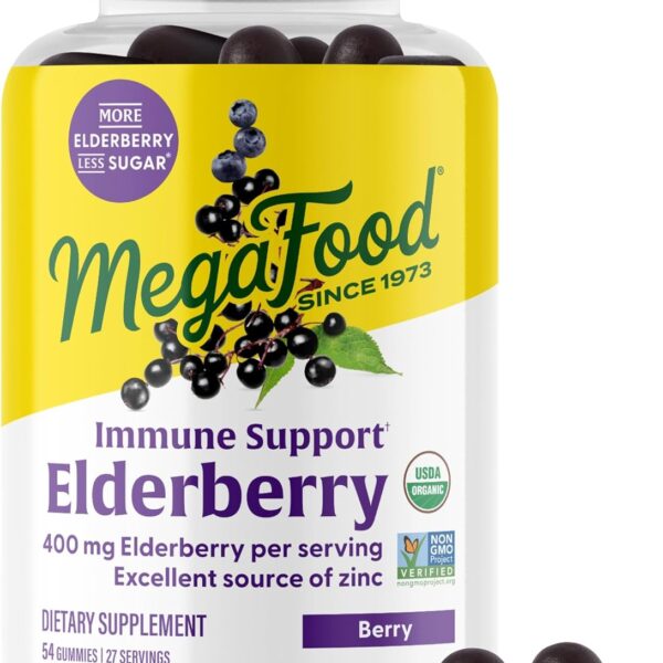 MegaFood Elderberry Gummies for Kids, Teens & Adults, Immune Support Supplement, Gummy Vitamins - Made with Zinc & Real Food, Pectin-Based, USDA Organic, Vegan - 54 Count, 27 Servings