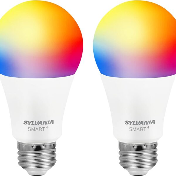 Sylvania Smart+ Bluetooth Mesh 60W Equivalent A19 LED Light Bulb, Full Color and Dimmable White, Compatible with Alexa, 2 Pack
