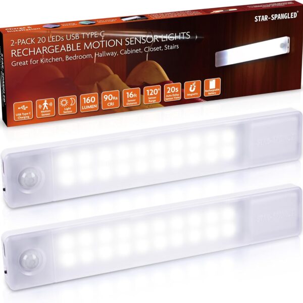 STAR-SPANGLED Under Cabinet Lighting Rechargeable, 8 inch Motion Sensor Lights Indoor Battery Operated, USB Stick on LED Magnetic Closet Light for Counter, Stairs, Kitchen, Cool White, 2 Pack