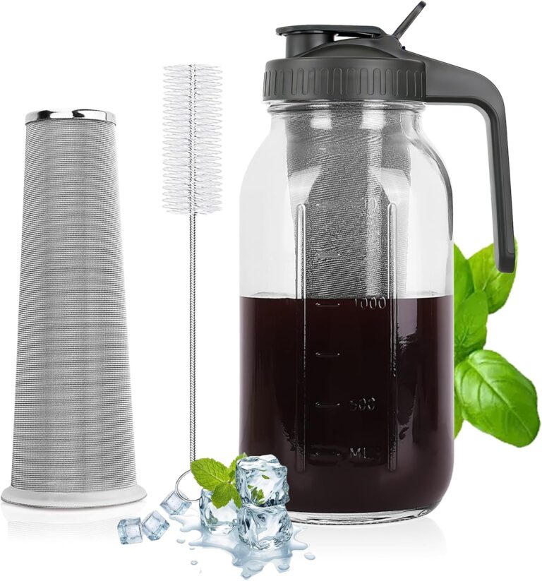 Cold Brew Coffee Maker - 64 Oz Heavy-Duty Glass Mason Jar Pitcher with Stainless Steel Filter, Leak-Proof Lid, Ergonomic Handle & Precision Pour Spout  Ideal for Iced Coffee, Tea, Cold Brew (Black)