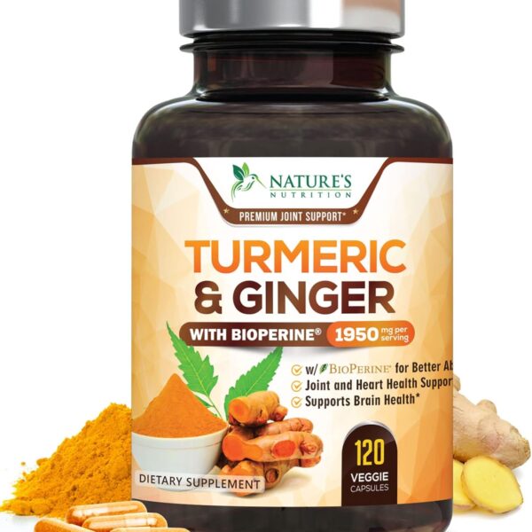 Turmeric Curcumin Supplement - 95% Curcuminoids with Organic Turmeric & Ginger, BioPerine Black Pepper Extract for Best Absorption, Natural Vegan Joint Support, Non-GMO, Bottled in USA - 120 Capsules