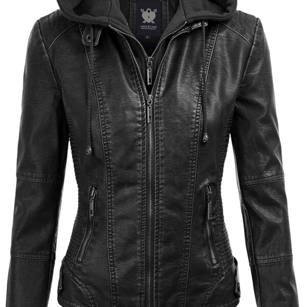Lock and Love Women's Faux Leather Moto Biker Jacket Coat with Removable or Non-Removable Hood