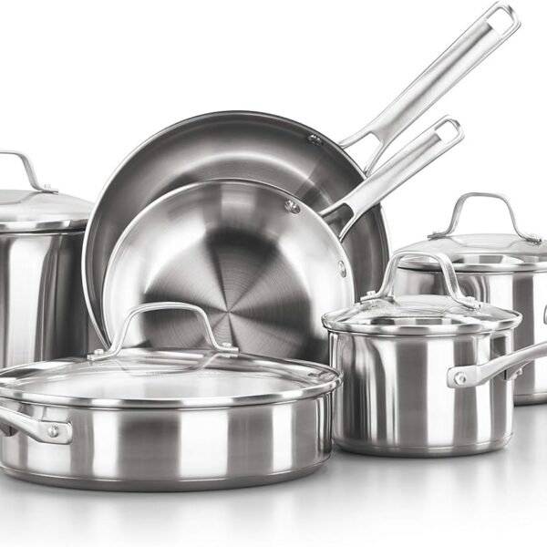 Calphalon Classic Stainless Steel Cookware Set, 10-Piece, Impact-Bonded Aluminum Base, Stay-Cool Handles, Oven Safe 450F, Silver
