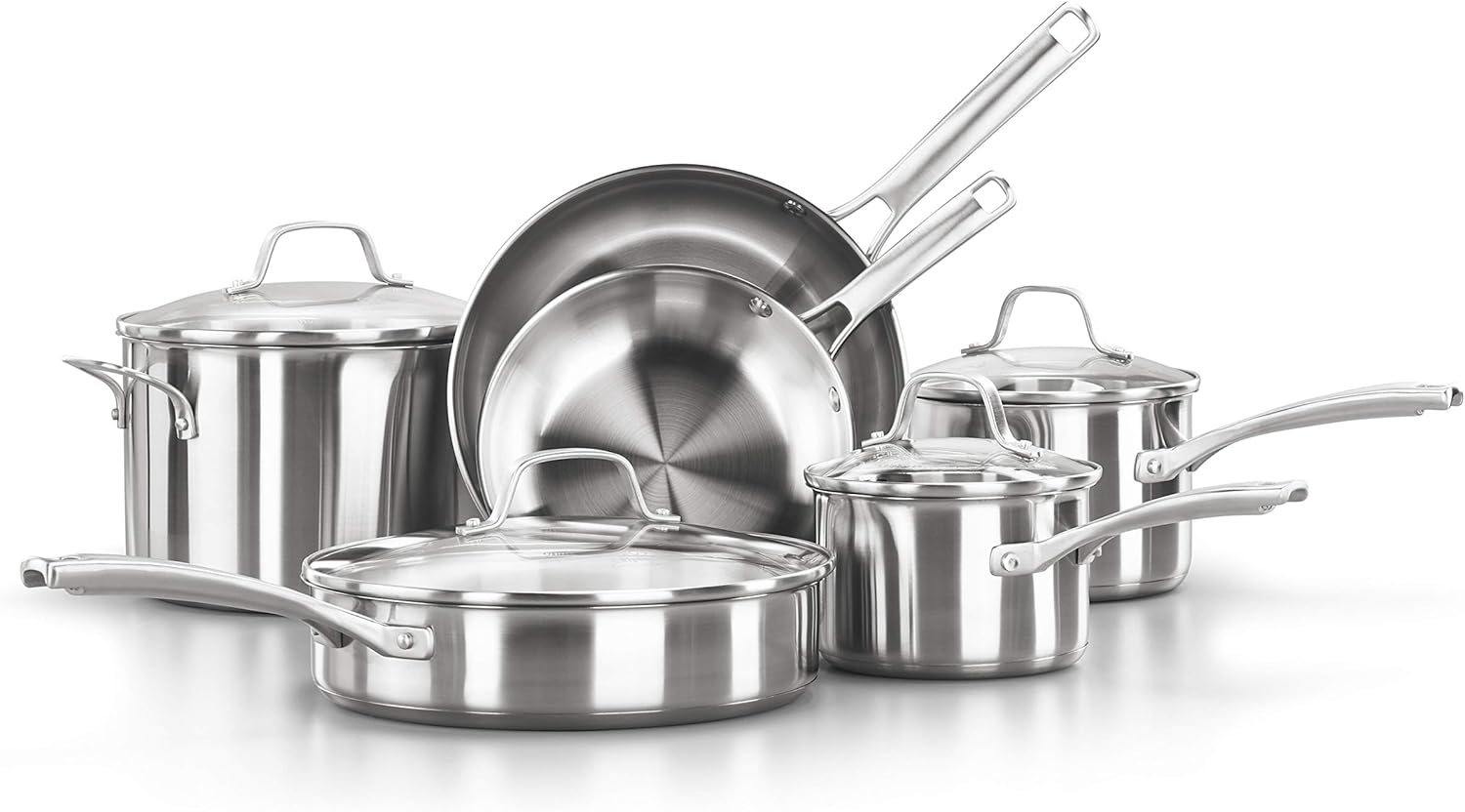 Calphalon Classic Stainless Steel Cookware Set, 10-Piece, Impact-Bonded Aluminum Base, Stay-Cool Handles, Oven Safe 450F, Silver Calphalon Classic Stainless Steel Cookware Set, 10-Piece, Impact-Bonded Aluminum Base, Stay-Cool Handles, Oven Safe 450F, Silver